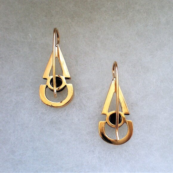 Vintage Solid 14K Yellow Gold Black Star Sapphire Dangle Drop Pierced Earrings - Picture 5 of 6